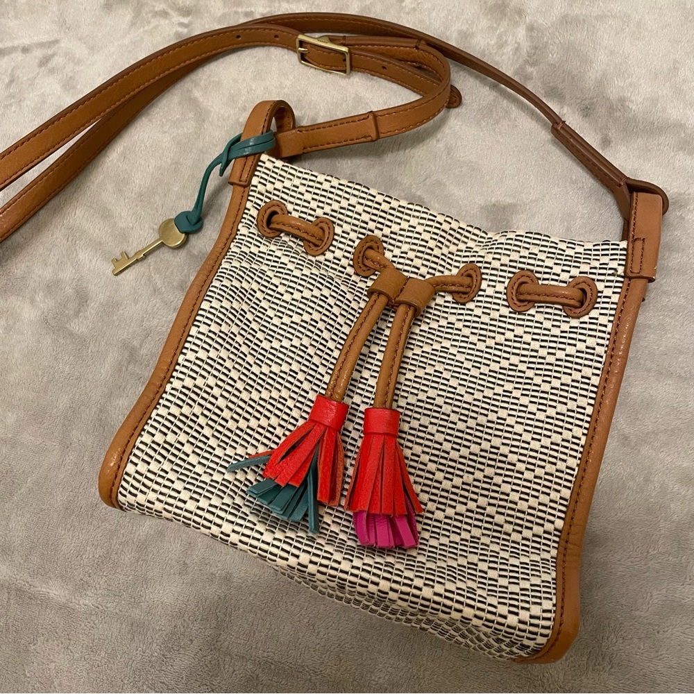 Fossil Tan and Red Crossbody Bag with Boho-Chic Design